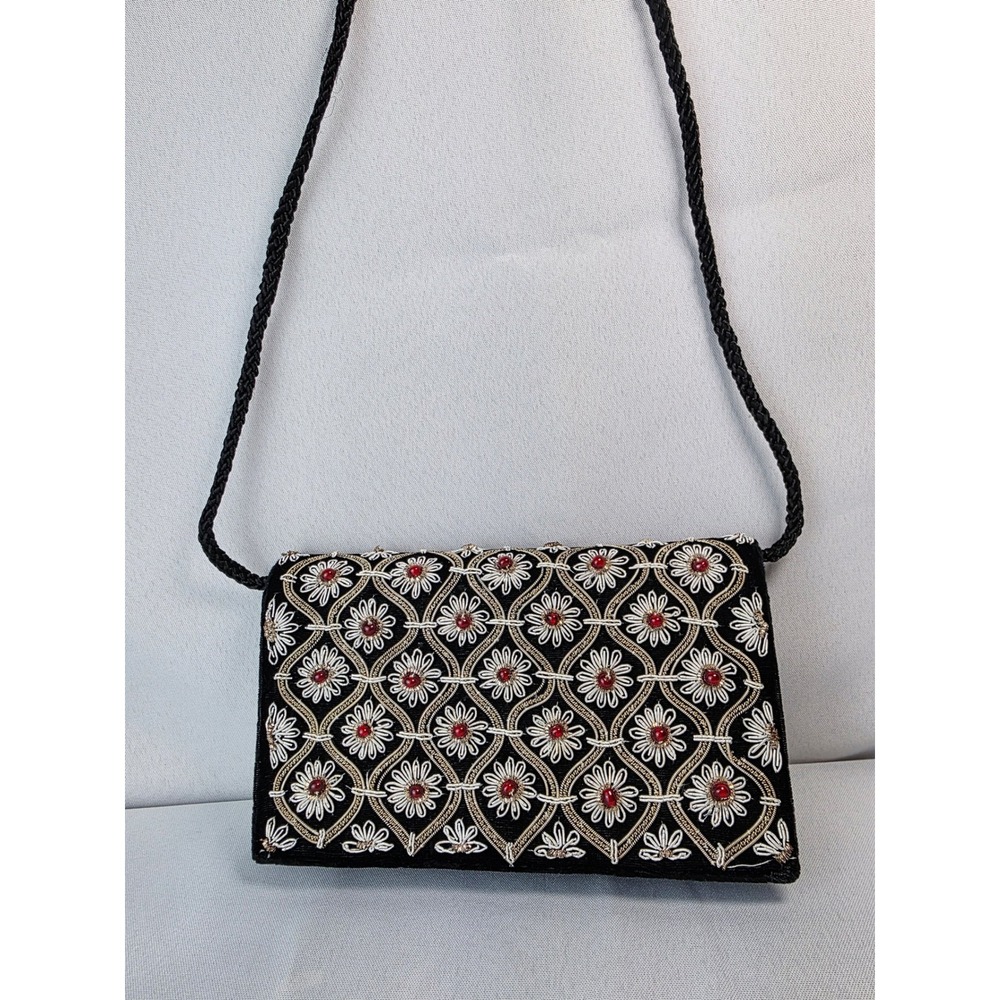 Vintage Black Velvet Embroidered Floral Evening Bag‎ Red Bead Crossbody Clutch